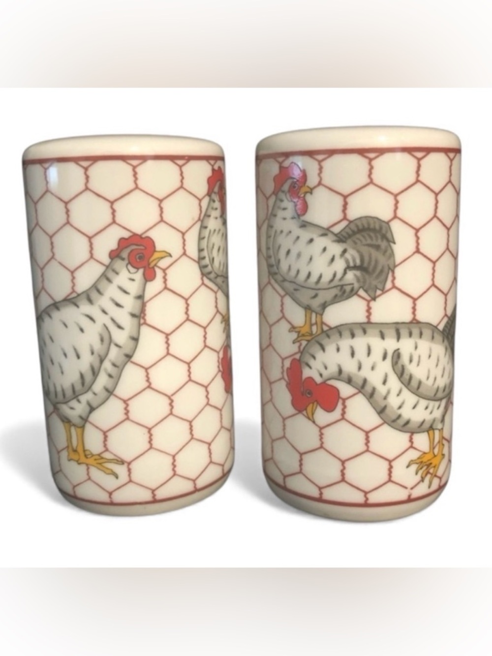 Vintage Chickens Salt Pepper Shakers - White Red Black Gray - Made in Japan
